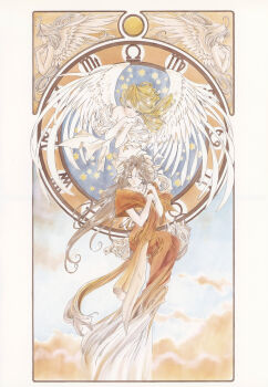 1990s_(style) 2girls aa_megami-sama absurdres angel angel_wings antenna_hair art_nouveau bandeau belldandy blonde_hair blue_sky brown_hair closed_eyes cloud dress earrings facial_mark feathered_wings forehead_mark fujishima_kousuke highres holy_bell hoop_earrings jewelry long_dress long_hair multiple_girls non-web_source official_art orange_dress own_hands_clasped own_hands_together retro_artstyle scan self-scan skuld_(aa_megami-sama) sky star_(symbol) urd_(aa_megami-sama) white_wings wings zodiac zodiac_wheel