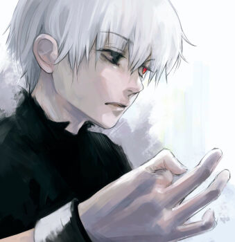 1boy black_eyes black_shirt grey_background hand_up heterochromia kaneki_ken male_focus misutajobujobu parted_lips red_eyes shirt short_hair solo tokyo_ghoul white_background white_hair
