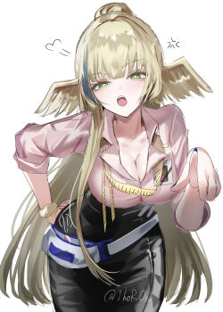 1girl absurdres angry arknights artist_name bad_anatomy bad_hands belt black_skirt blonde_hair blue_hair blue_nails breasts cleavage cowboy_shot green_eyes hair_bun head_wings highres horobu large_breasts long_hair long_sleeves looking_at_viewer marion_(arknights) multicolored_hair nail_polish pink_shirt pointing pointing_at_viewer scrunchie shirt simple_background single_hair_bun skirt solo streaked_hair tribadism twitter_username two-tone_hair very_long_hair white_background wings wrist_scrunchie