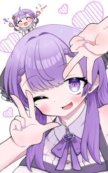 Rule 34 | 2girls, adamsway88, blush, closed eyes, collared shirt, heart, highres, indie virtual youtuber, looking at viewer, mole, mole under eye, mother and daughter, multiple girls, neck ribbon, one eye closed, open mouth, otsuka ray, purple eyes, purple nails, purple ribbon, reika (otsuka ray), ribbon, shirt, simple background, sleeveless, sleeveless shirt, virtual youtuber, white background, white shirt