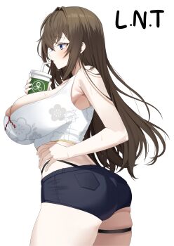 1girl 706_(bodied706) _ absurdres ass bare_arms black_panties black_shorts blue_eyes blush breasts brown_hair cup disposable_cup drinking drinking_straw floral_print highleg highleg_panties highres holding holding_cup huge_breasts korean_commentary long_hair looking_ahead original panties shorts sideboob sidelocks simple_background skindentation solo standing sweat takamiya_keika tank_top thigh_strap underwear white_background white_tank_top