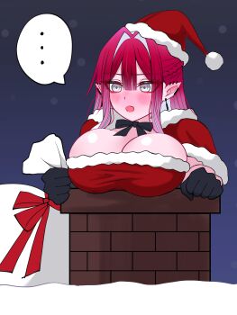 absurdres baobhan_sith_(fate) blush breasts chimney christmas cleavage fate/grand_order fate_(series) gift_bag grey_eyes hat highres long_hair mcpc_zamurai open_mouth red_hair santa_claus santa_costume santa_hat snow speech_bubble stuck