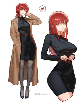 1girl black_pantyhose black_shirt black_shoes black_skirt blush breasts brown_coat chainsaw_man coat highres inhoso large_breasts long_braid long_hair looking_at_viewer makima_(chainsaw_man) open_clothes open_coat pantyhose parted_lips pencil_skirt red_hair shirt shoes sidelocks skirt smile yellow_background