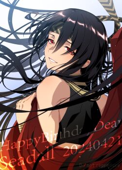 1boy black_hair character_name dancer dated fire_emblem fire_emblem_engage hair_between_eyes happy_birthday highres l_(matador) long_hair looking_at_viewer male_focus nintendo red_eyes seadall_(fire_emblem) smile solo