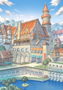 artist_name blue_sky cloud commentary_request day fantasy highres nagi_itsuki no_humans original outdoors railing scenery sky stairs water window wooden_box