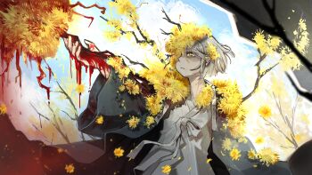 Rule 34 | 1girl, absurdres, bennett soap, blood, blue sky, blurry, blurry foreground, branch, closed mouth, cloud, commentary, dongbaek (project moon), e.g.o (project moon), flower, grey hair, highres, japanese clothes, limbus company, outdoors, project moon, short hair, sky, solo, spicebush (e.g.o), standing, wide sleeves, yellow eyes, yellow flower