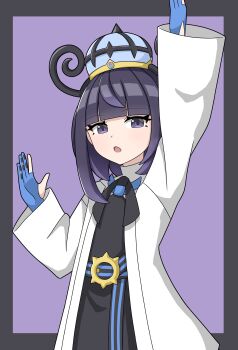 1girl :o absurdres arm_up belt black_belt black_dress blue_belt blue_gloves blunt_bangs border coat commentary_request dress eyelashes gloves grey_border gwynn_(pokemon) hat highres long_sleeves looking_at_viewer magnemite10718 mega_stone nintendo o-ring o-ring_belt open_clothes open_coat open_mouth outside_border partially_fingerless_gloves pokemon pokemon_legends:_z-a purple_background purple_eyes purple_hair short_hair solo two-tone_belt white_coat