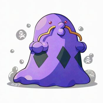 Rule 34 | colored skin, facial hair, full body, gen 3 pokemon, mistray-art, mustache, nintendo, numbered, pokemon, pokemon (creature), purple skin, red eyes, signature, sitting, skull and crossbones, solo, swalot, white background