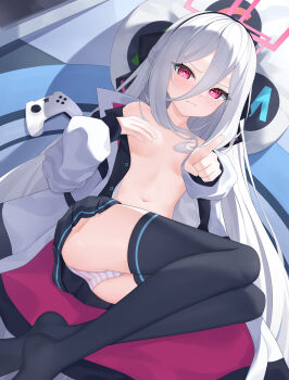 1girl absurdres arsenic_(dufw2887) black_hairband black_thighhighs blue_archive commentary controller covering_one_breast covering_privates double-parted_bangs game_controller hair_between_eyes hairband halo highres jacket kei_(blue_archive) kei_(new_body)_(blue_archive) loli long_hair long_hair_between_eyes looking_at_viewer lying multicolored_jacket no_shirt on_back open_clothes open_jacket panties pantyshot pink_eyes pink_halo pointing pointing_at_viewer rectangular_halo revision ringed_eyes solo striped_clothes striped_panties thighhighs two-tone_jacket underwear white_hair white_jacket