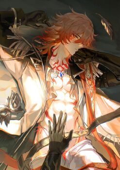 Rule 34 | 2boys, abs, absurdres, alternate costume, armlet, belt, black belt, black gloves, black shirt, blonde hair, blush, braid, chinese commentary, commentary request, crossdressing, crossdressing (mtf), earrings, elbow gloves, facial tattoo, frilled shirt, frills, gloves, gold earrings, gold necklace, gradient hair, hand on another's stomach, highres, honkai: star rail, honkai (series), jewelry, male focus, mask, medium hair, multicolored hair, multiple boys, mydei (honkai: star rail), necklace, open clothes, open shirt, panties, pants, phainon (honkai: star rail), phainon (khaslana) (honkai: star rail), qiaose33912, red hair, red panties, red tattoo, shirt, side braid, tattoo, toned, toned male, underwear, unworn belt, unworn mask, white pants, yaoi, yellow eyes