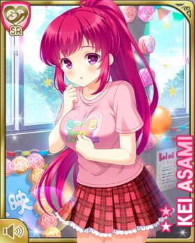 1girl :o asami_kei bare_arms breasts card_(medium) character_name day festival girlfriend_(kari) indoors official_art open_mouth pink_eyes pink_hair pink_shirt plaid_clothes plaid_skirt ponytail qp:flapper red_skirt school school_uniform shirt shorts skirt sparkle standing tagme volume_symbol