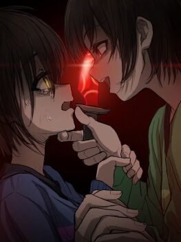 Rule 34 | 2others, agurunavyblue, ambiguous gender, blue sweater, brown hair, chara (undertale), finger to mouth, frisk (undertale), glowing, glowing weapon, green sweater, highres, holding, holding hands, holding knife, knife, multiple others, nervous sweating, open mouth, red eyes, sweat, sweater, tears, undertale, utdr (toby fox), weapon, yellow eyes