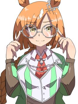 1girl animal_ears braid brown_eyes brown_hair closed_mouth collared_shirt commentary_request green_jacket grey-framed_eyewear hands_up highres horse_ears ikuno_dictus_(mantle_of_steel)_(umamusume) ikuno_dictus_(umamusume) jacket long_hair long_sleeves looking_at_viewer multicolored_hair necktie open_clothes open_jacket red_necktie round_eyewear shirt single_braid smile solo takobutter two-tone_hair umamusume upper_body very_long_hair vest white_hair white_shirt white_vest