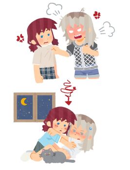 2girls angry angry_boss_with_happy_family_irasutoyas_(meme) bite_mark blue_eyes blue_shirt blue_shorts brown_hair cat classroom clothes_grab commentary girls_band_cry grey_hair grey_shirt irasutoya iseri_nina kawaragi_momoka long_hair low_twintails meme multiple_girls puff_of_air shirt short_hair short_twintails shorts symbol-only_commentary tutai twintails white_shirt yuri