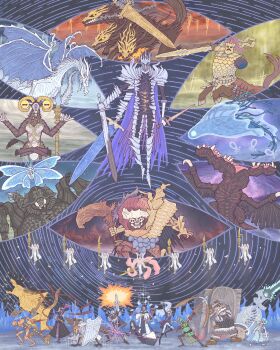 Rule 34 | 6+boys, 6+girls, absurdres, adel (elden ring), animal head, arm mounted weapon, armor, arms up, axe, beard, bibuo, bird boy, black boots, black capelet, black dress, black hat, black skin, blindfold mask, blonde hair, blue jacket, blue surcoat, body horror, boots, bow (weapon), breastplate, bug, caligo miasma of night, cane, cape, capelet, centaur, cerberus, clothing cutout, colored skin, commentary request, covered eyes, covered face, dark-skinned female, dark skin, dog, dragon, dress, dual wielding, duchess (elden ring), elden ring, elden ring nightreign, eldritch abomination, everyone, executor (elden ring), extra arms, extra eyes, extra tails, facial hair, faurtis (elden ring), feathered wings, flying ribbons, fulghor (elden ring), full armor, full body, gauntlets, gladius (elden ring), gnoster (elden ring), goat horns, goat legs, gold armor, greatsword, greaves, guardian (elden ring), halter shirt, halterneck, hands up, hat, helmet, helmet over eyes, heolstor the nightlord, highres, hip armor, holding, holding axe, holding bow (weapon), holding cane, holding polearm, holding shield, holding sword, holding weapon, hooves, horizontal pupils, horns, huge weapon, insect, ironeye (elden ring), jacket, jellyfish, katana, libra (elden ring), maris (elden ring), mask, meditation, monster, moth, mouth hold, multiple boys, multiple girls, navel cutout, ornate armor, pants, pauldrons, plume, plunging neckline, polearm, purple cape, raider (elden ring), recluse (elden ring), revenant (elden ring), robe, rope braid, sarong, scabbard, scale armor, scholar (elden ring), sheath, sheathed, shield, shoulder armor, skeleton, spear, spiked helmet, staff, standing, sword, talons, taur, tentacles, traitorous straghess (elden ring), translucent, triple wielding, undertaker (elden ring), very big eyes, weapon, weapon bequeathed harmonia (elden ring), western dragon, white dragon, white pants, white robe, white sarong, wide sleeves, winged helmet, wings, witch, witch hat, wylder (elden ring)