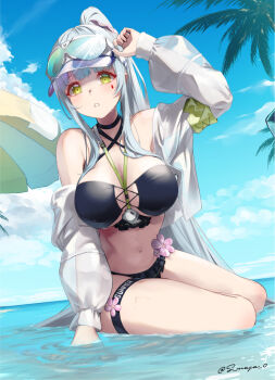 1girl adjusting_eyewear armband artist_name beach_umbrella between_breasts bikini black_bikini blue_sky blush breasts cloud cloudy_sky commentary_request countdown_timer eyewear_on_head flower full_body girls&#039;_frontline girls&#039;_frontline_2:_exilium green_armband green_eyes highres hk416_(girls&#039;_frontline) jacket klukai_(cerulean_breaker)_(girls&#039;_frontline_2) klukai_(girls&#039;_frontline_2) large_breasts long_hair looking_at_viewer official_alternate_costume open_clothes open_jacket open_mouth palm_tree partially_submerged pink_flower ponytail s-masa_7131 see-through_clothes see-through_jacket sitting sky solo sunglasses swimsuit tattoo teardrop_facial_mark teardrop_tattoo thigh_strap tree twitter_username umbrella visor_cap white_hair white_mouth