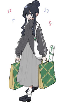 1girl bag black_jacket black_shoes commentary empty_eyes full_body grey_skirt hair_bun highres jacket kimi_no_koto_ga_dai_dai_dai_dai_daisuki_na_100-nin_no_kanojo long_hair long_sleeves looking_at_viewer musical_note nozawa_yukiko official_art open_mouth paper_bag shoes sidelocks simple_background skirt smile socks solo treble_clef white_background white_socks zetsubouda_meru