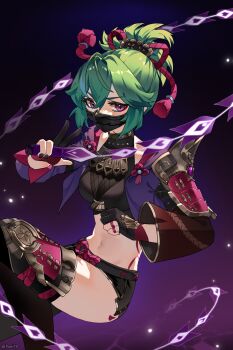 1girl armor artist_name black_gloves black_shirt black_shorts commentary covered_mouth crop_top cropped_jacket feet_out_of_frame flower_knot from_side genshin_impact gloves green_hair hair_between_eyes highres holding holding_weapon jacket japanese_armor jewelry knee_up kuki_shinobu leg_armor looking_at_viewer mask midriff midriff_tattoo mouth_mask navel ninja_mask open_clothes open_jacket partially_fingerless_gloves ponytail purple_background purple_eyes purple_jacket ring salute shirt short_hair short_shorts shorts shoulder_armor signature sode solo symbol-only_commentary tattoo two-finger_salute weapon zhaoshao_wan_harita