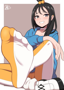 1girl black_hair blue_jacket blush border breasts choker collarbone commentary_request cube_hair_ornament ear_piercing feet foot_focus foreshortening full_body grey_background grey_eyes hair_ornament highres jacket jkisaradu leg_warmers lida_(pokemon) long_sleeves nintendo no_shoes orange_pantyhose pantyhose piercing pokemon pokemon_legends:_z-a shoes signature single_shoe sitting small_breasts smile solo two-tone_pantyhose white_border white_choker white_leg_warmers white_pantyhose