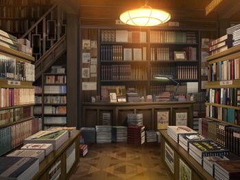 artist_request book book_stack bookshelf bookstore cash_register ceiling_light desk_lamp game_cg indoors lamp magia_record:_mahou_shoujo_madoka_magica_gaiden mahou_shoujo_madoka_magica no_humans official_art poster_(object) scenery shop stairs wooden_floor