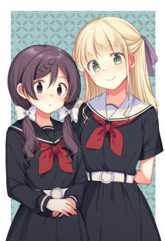 2girls :d black_dress blue_hair blush border bow braid brown_hair character_request closed_mouth commentary_request cowboy_shot double-parted_bangs dress green_background green_eyes hair_between_eyes hair_bow hair_ribbon hana_uta_memoire ichinose_kei long_hair looking_at_viewer multiple_girls neckerchief open_mouth outside_border parted_lips purple_eyes purple_ribbon red_neckerchief ribbon school_uniform serafuku short_sleeves smile white_border white_bow