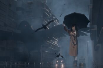 1girl 3d absurdres animal bird birdcage black_hair black_umbrella brown_coat building cage car chinese_commentary closed_mouth coat commentary_request crow expressionless hands_up highres holding holding_umbrella long_hair motion_blur motor_vehicle night original outdoors overcast oversized_animal rain red_eyes scenery shoes simple_bird sky solo splashing trench_coat umbrella urban walking water water_drop xiaojian_(dgha2728)