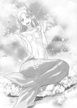 1girl absurdres breasts clapping commentary_request dungeon_ni_deai_wo_motomeru_no_wa_machigatteiru_darou_ka greyscale hair_ornament hair_over_breasts hair_over_one_breast hands_up heart heart-shaped_pupils highres long_hair looking_at_viewer marie_(danmachi) medium_breasts mermaid monochrome monster_girl navel novel_illustration nude official_art open_mouth parted_bangs pointy_ears second-party_source shell shell_hair_ornament solo stomach symbol-shaped_pupils wet yasuda_suzuhito