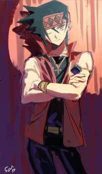 1boy black_hair black_pants black_shirt cowboy_shot dice holding holding_dice jewelry male_focus moemoenomori one_eye_closed otogi_ryuuji pants pendant red_vest shirt sleeveless sleeveless_shirt solo vest yu-gi-oh! yu-gi-oh!_duel_monsters