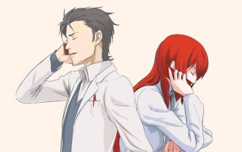 1boy 1girl beard_stubble black_hair closed_eyes collared_shirt commentary_request couple facial_hair lab_coat long_hair long_sleeves looking_at_another makise_kurisu okabe_rintarou red_hair school_uniform science_adventure shirt simple_background steins;gate steins;gate_0 stubble tetsu10ru upper_body