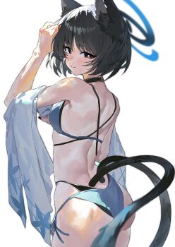 1girl bikini black_hair black_tail blue_archive blue_bikini blue_halo breasts cat_girl cat_tail chinese_commentary commentary_request cowboy_shot halo highres kikyou_(blue_archive) kikyou_(swimsuit)_(blue_archive) layered_bikini looking_at_viewer looking_back medium_breasts milu_de_chuangkoutie multiple_tails official_alternate_costume short_hair simple_background solo swimsuit tail two_tails white_background
