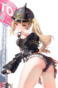 1girl ass baseball_bat black_gloves black_helmet black_jacket black_shorts blonde_hair combat_helmet commentary_request cowboy_shot crop_top cutoffs desire_(des1re) gloves half_gloves helmet highres jacket loli long_hair looking_at_viewer looking_back luciana_de_montefio mask mask_around_neck metal_baseball_bat micro_shorts pickelhaube red_eyes road_sign shorts sign solo stop_sign white_background zenless_zone_zero