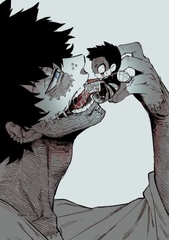 2boys adam's_apple beard blue_eyes boku_no_hero_academia boots burn_scar chibi costume dabi_(boku_no_hero_academia) ear_piercing endeavor_(boku_no_hero_academia) face_piercing facial_hair facial_scar father_and_son fingerless_gloves gloves greyscale highres holding_person kan_(pyy_c12) licking male_focus monochrome multiple_boys multiple_scars mustache nose_piercing open_mouth panicking piercing resisting saliva scar scar_across_eye scar_on_arm scar_on_cheek scar_on_face scar_on_mouth scar_on_neck short_hair sideburns size_difference sleeves_pushed_up spiked_hair spot_color stapled stubble sweatdrop teeth twitter_username very_short_hair