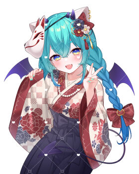 1girl :d animal_ears black_hakama blue_eyes blue_hair blue_nails blue_wings bow braid chitetan commentary_request copyright_request demon_girl demon_horns demon_tail demon_wings dotted_line fangs floral_print fox_mask hair_between_eyes hair_bow hakama hakama_skirt hands_up heart horns japanese_clothes kimono long_hair low_twintails mask mask_on_head nail_polish open_mouth pinching_sleeves print_kimono red_bow short_eyebrows simple_background sitting skirt sleeves_past_wrists smile solo tail thick_eyebrows twin_braids twintails v very_long_hair virtual_youtuber watermark white_background white_kimono wide_sleeves wings