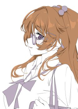 1girl absurdres blush bow bowtie breasts brown_hair collared_shirt commentary glasses gyaru gyarugasaki highres kogal konoe_kanata large_breasts long_hair looking_at_viewer love_live! love_live!_nijigasaki_high_school_idol_club matatabianko parted_lips purple-framed_eyewear purple_bag purple_bow purple_bowtie purple_eyes school_uniform shirt simple_background solo two_side_up unfinished white_background white_shirt