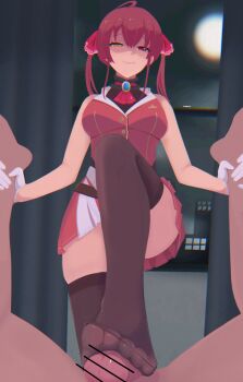 Rule 34 | 1boy, 1girl, absurdres, commentary, feet, foot focus, footjob, heterochromia, highres, hololive, houshou marine, katalashka, original, penis, pov, red hair, solo focus, stepped on, symbol-only commentary, toes, toes visible through clothing, virtual youtuber