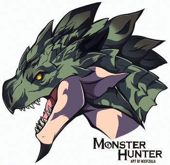 animal_focus character_name commentary cropped_head english_commentary from_side highres monster_hunter_(series) no_humans open_mouth rathian sharp_teeth simple_background slit_pupils solo teeth white_background woofzilla yellow_eyes
