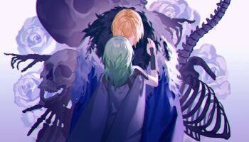 1boy 1girl animal_skeleton animal_skull black_fur blonde_hair cape dimitri_alexandre_blaiddyd dimitri_alexandre_blaiddyd_(timeskip) faceless faceless_male fire_emblem fire_emblem:_three_houses flower fur_cape green_hair hetero highres kyounatsuuu medium_hair nintendo short_hair simple_background white_background white_cape