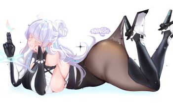 1girl ass bead_bracelet beads bracelet colored_eyelashes goddess_of_victory:_nikke highres huge_ass jewelry lace_pantyhose_hooked_on_heel_(meme) lying mechanical_arms mechanical_hands meme monk nayuta_(nikke) on_stomach shirrori simple_background single_mechanical_arm single_mechanical_hand solo split-color_clothes thick_eyelashes white_background white_eyelashes