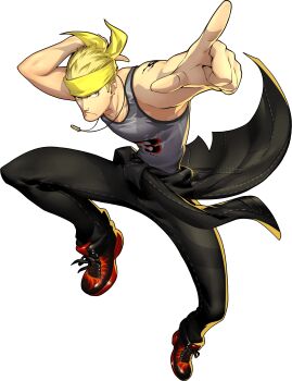 1boy absurdres arm_tattoo bandana black_jacket black_pants blonde_hair closed_mouth clothes_around_waist ear_piercing face_piercing frown highres jacket jacket_around_waist male_focus nose_piercing official_art oribe_hanako pants persona persona_4 persona_4:_dancing_all_night persona_dancing piercing pointing school_uniform simple_background solo tank_top tatsumi_kanji tattoo third-party_source transparent_background yasogami_school_uniform yellow_bandana