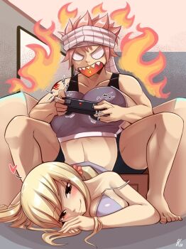 1boy 1girl angry ass blonde_hair blush breasts controller fairy_tail game_controller happy joshdinobarney large_breasts lucy_heartfilia meme natsu_dragneel naughty_face playing_games smile teasing