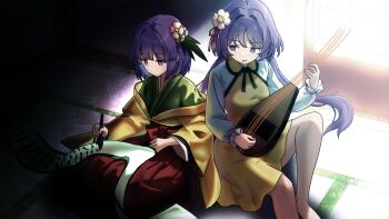 2girls absurdres burukyu commission dress green_kimono hieda_no_akyuu highres holding holding_instrument indoors instrument japanese_clothes kimono low_twintails multiple_girls purple_eyes purple_hair red_skirt skirt touhou tsukumo_benben twintails writing yellow_dress yellow_kimono