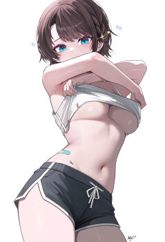 1girl absurdres aqua_eyes bandaid_on_hip bare_arms black_shorts breasts brown_hair camisole camisole_lift clothes_lift commentary dolphin_shorts highres hololive kkato looking_at_viewer navel oozora_subaru short_hair short_shorts shorts simple_background solo stomach strap_slip swept_bangs underboob virtual_youtuber white_background white_camisole