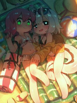 Rule 34 | 2girls, absurdres, antennae, ball, beach, beachball, bikini, bikini skirt, black bikini, blue pupils, blush, breasts, commentary, english commentary, eyewear on head, green eyes, grey hair, hat, highres, holding hands, inflatable raft, jacket, looking at viewer, lying, multiple girls, navel, open mouth, original, pink hair, porforever, sandals, shade, slime (substance), small breasts, smile, snail girl, snail shell, swimsuit, tail, unworn hat, unworn headwear, unworn sandals, wet, yellow jacket