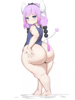 1girl ass bikini blue_eyes blush dragon_girl dragon_horns female_focus grabbing_own_ass horns huge_ass kanna_kamui kobayashi-san_chi_no_maidragon kyojiri_loli loli looking_back purple_hair simple_background solo spread_legs standing swimsuit tail ttt_artia white_background