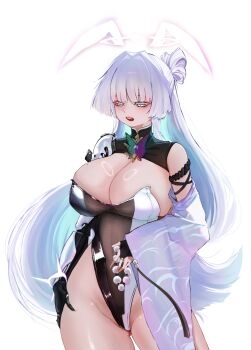 Rule 34 | 1girl, adapted costume, animal ears, aqua hair, arm at side, bare shoulders, bead bracelet, beads, bilna, black bridal gauntlets, black leotard, black shrug, bracelet, breasts, bridal gauntlets, colored eyelashes, colored inner hair, commentary, cowboy shot, detached sleeves, fake animal ears, goddess of victory: nikke, groin, hair bun, hair intakes, half-closed eyes, halo, hand on own thigh, hand up, highleg, highleg leotard, highres, holding, holding bracelet, jewelry, large breasts, leotard, long hair, long sleeves, looking ahead, mechanical arms, mole, mole on breast, multicolored hair, multicolored leotard, nayuta (nikke), open mouth, playboy bunny, rabbit ears, see-through clothes, see-through leotard, shrug (clothing), simple background, single detached sleeve, single hair bun, single mechanical arm, sleeveless shrug, solo, standing, teeth, two-tone hair, two-tone leotard, unusually open eyes, upper teeth only, very long hair, white background, white eyelashes, white eyes, white hair, white halo, white leotard, wide sleeves