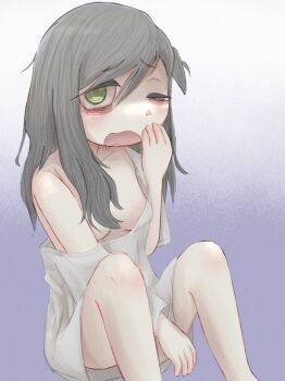 1girl absurdres alternate_hairstyle bags_under_eyes bare_shoulders breast_peek breasts collarbone gradient_background green_eyes grey_hair highres knees long_hair long_shirt looking_at_viewer medium_breasts mentha_(menthalovely) mint_(menthalovely) off-shoulder_shirt off_shoulder one_eye_closed open_mouth original shirt sitting solo wavy_mouth white_shirt yawning