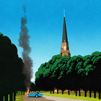 blue_sky building burning car church commentary day english_commentary fire highres iida_kento motor_vehicle no_humans original outdoors road scenery sky smoke tree