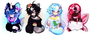 1boy 3girls absurdres ahoge animal_ears black_eyes black_hair black_shirt blue_eyes blue_hair closed_mouth cloud_(lufaeris) crossed_bangs double-parted_bangs grey_eyes hair_between_eyes hair_ornament hair_over_one_eye hairclip highres horns long_hair looking_at_viewer multiple_girls one_eye_covered open_mouth orange_eyes original parallel_hairclips parted_bangs red_eyes red_hair shirt short_hair simple_background single_horn smile tail white_background white_shirt