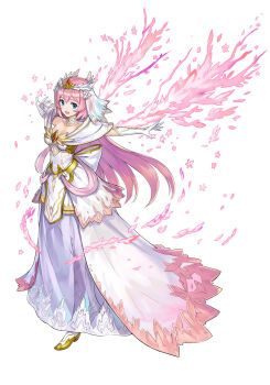 1girl art_study blue_eyes breasts cleavage collar collarbone commentary_request commission crown detached_collar dress full_body gloves highres layered_dress long_dress long_hair looking_at_viewer medium_breasts mytea_(soso) open_mouth original pink_hair pink_wings simple_background skeb_commission solo veil white_background white_collar white_dress white_gloves white_veil wings