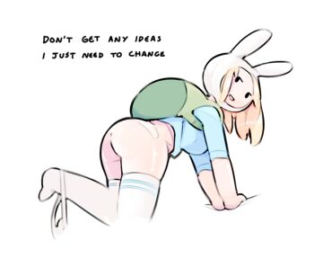 1girl adventure_time animal_ears animal_hood arm_support ass backpack bag bent_over blonde_hair blue_shirt bottomless colored_skin cowboy_shot cropped_legs english_text female_focus fionna_campbell foot_up from_behind hat hood huge_ass leaning_forward looking_back open_mouth panties_around_leg rabbit_ears rabbit_hood self-upload shiny_skin shirt simx skindentation solo teasing thick_thighs thighhighs thighs white_background white_skin white_thighhighs wide_hips